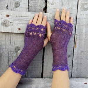 Purple Rain Handknit Fingerless Med Length Gloves shades Lilac & Purple